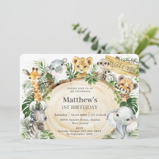 Invitation Jungle Animaux Bois Verdure Sauvage Un 1er anniver (Debout devant)