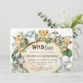 Invitation Jungle Animaux Feuilles verts Sauvage Un 1er anniv (Debout devant)