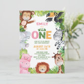 Invitation Jungle Animaux Fille Sauvage Un 1er anniversaire (Debout devant)