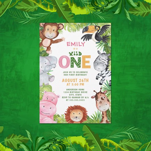 Invitation Jungle Animaux Fille Sauvage Un 1er anniversaire