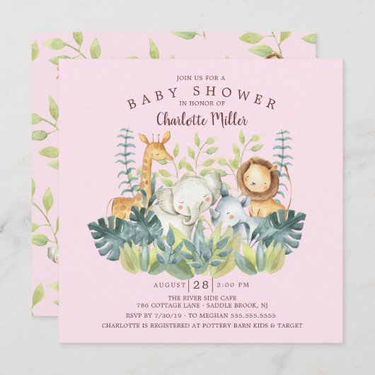 Invitation Jungle Animaux Filles Baby shower (Devant / Derrière)
