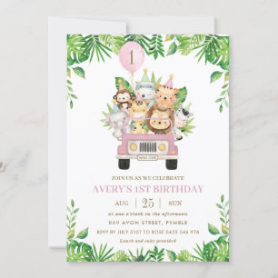 Invitation Jungle Animaux Pink Safari Car Girl 1er anniversai