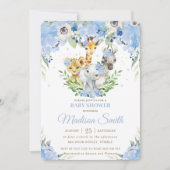 Invitation Jungle Animaux Safari Blue Floral Baby shower (Devant)