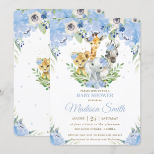 Invitation Jungle Animaux Safari Blue Floral Baby shower