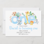 Invitation Jungle Animaux Safari Garçon bleu mignonne 1er ann (Devant)