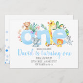 Invitation Jungle Animaux Safari Garçon bleu mignonne 1er ann (Devant / Derrière)