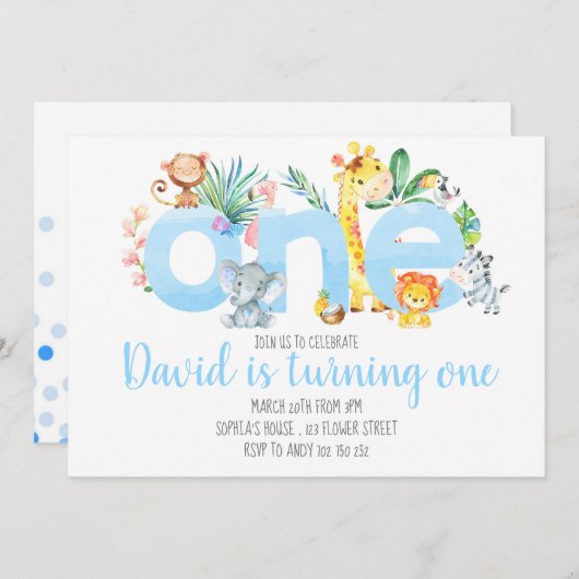 Invitation Jungle Animaux Safari Garçon bleu mignonne 1er ann (Devant / Derrière)