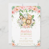 Invitation Jungle Animaux Safari Rose Floral 1er anniversaire (Devant)