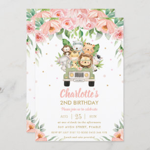 Invitation Jungle Animaux Safari voiture rose Floral Annivers