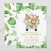 Invitation Jungle Animaux Safari Voiture Verdure 1er annivers (Devant / Derrière)