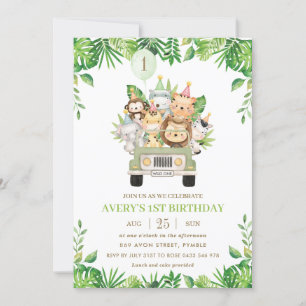 Invitation Jungle Animaux Safari Voiture Verdure 1er annivers