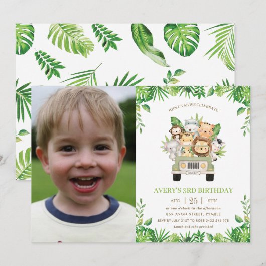 Invitation Jungle Animaux Safari Voiture Verdure Anniversaire (Devant / Derrière)