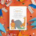 Invitation Jungle Animaux Tropical Friends Anniversaire<br><div class="desc">Un design lumineux et coloré avec une girafe, un éléphant, un lion, un singe et un crocodile serrés au fond de l'invitation. Personnalisez avec les détails de votre fête au sommet de l'invitation dans la typographie de script moderne. Ces cartes se retournent vers un motif feuille tropical vibrant. Modifiez le...</div>