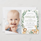 Invitation Jungle Animaux Végétation 1er anniversaire de fête (Devant)