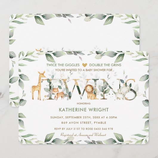 Invitation Jungle Animaux Végétation Jumeaux Baby shower neut (Devant / Derrière)