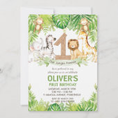 Invitation Jungle Animaux Végétation Safari 1er anniversaire (Devant)