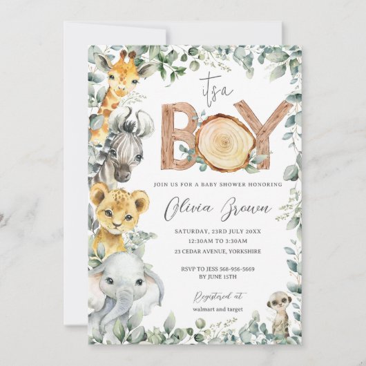 Invitation Jungle Animaux Verdure Safari Baby shower Garçon (Devant)