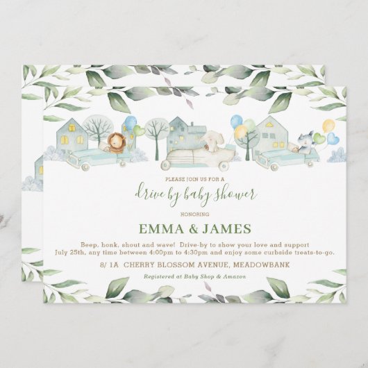 Invitation Jungle Animaux Voitures La verdure Le Baby shower (Devant / Derrière)
