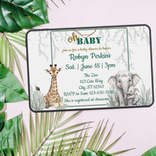 Invitation Jungle Aquarelle Giraffe Elephant baby shower