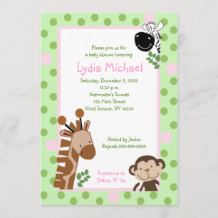 Invitation JUNGLE AVENTURE 5x7 rose / Baby shower vert