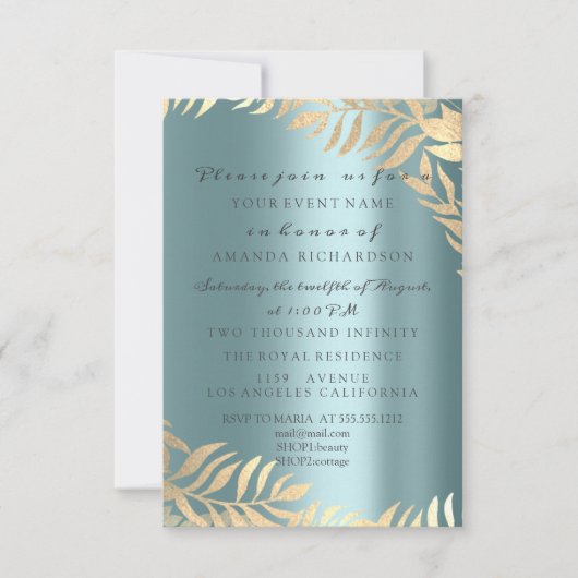 Invitation Jungle Bleu Doré Élégant Mariage Anniversaire (Devant)