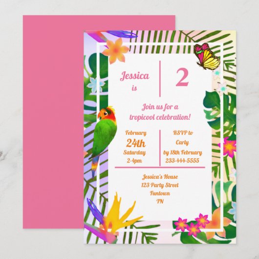 Invitation Jungle de perroquets roses du 2e anniversaire trop (Devant / Derrière)