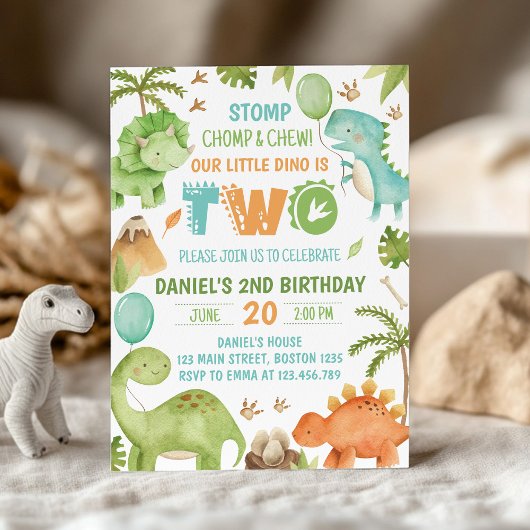 Invitation Jungle Dinosaur Cute Boy 2nd Birthday Party