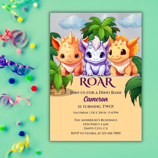 Invitation Jungle Dinosaur Dino Bash fête du 2ème anniversair