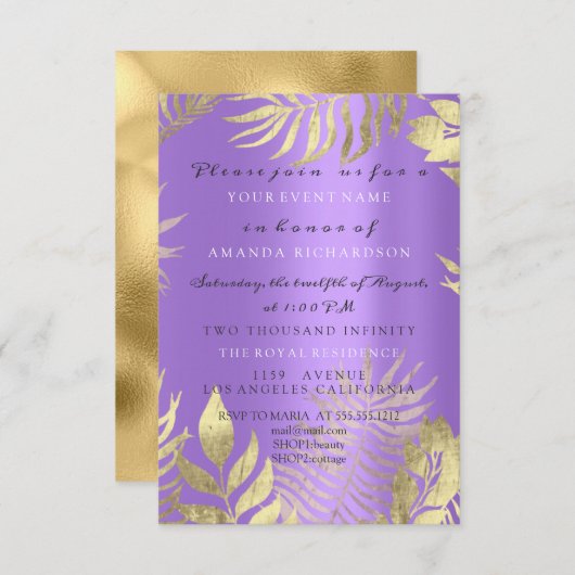 Invitation Jungle Doré Élégant Violet Mariage Anniversaire (Devant / Derrière)