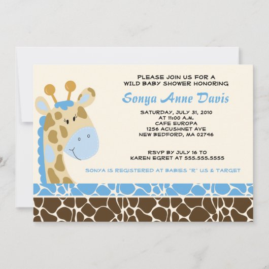 Invitation Jungle Giraffe Imprimer (bleu) Baby shower Invitat (Devant)
