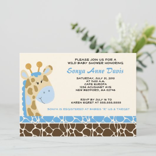 Invitation Jungle Giraffe Imprimer (bleu) Baby shower Invitat (Debout devant)