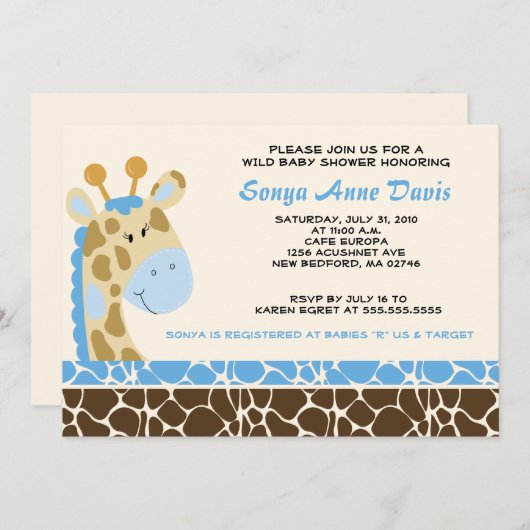 Invitation Jungle Giraffe Imprimer (bleu) Baby shower Invitat (Devant / Derrière)