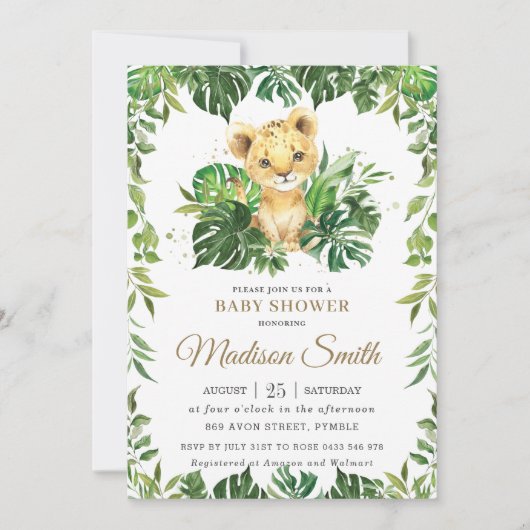 Invitation Jungle Green Adorable Lion Cub Baby shower garçon (Devant)