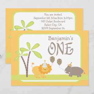 Invitation Jungle Lion et Hippo First Birthday Party