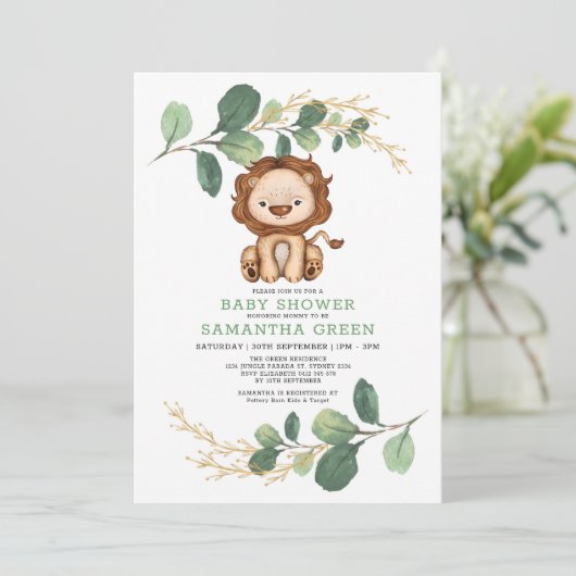 Invitation Jungle moderne Lion Green Baby shower Gold Co-Ed (Debout devant)