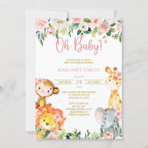 Invitation Jungle Oh Baby Girl Safari Animaux Baby shower Inv