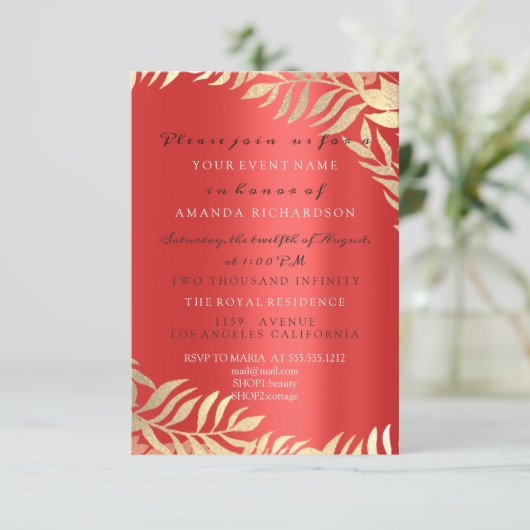 Invitation Jungle Or Rubis Rouge Or Élégant Mariage Anniversa (Debout devant)