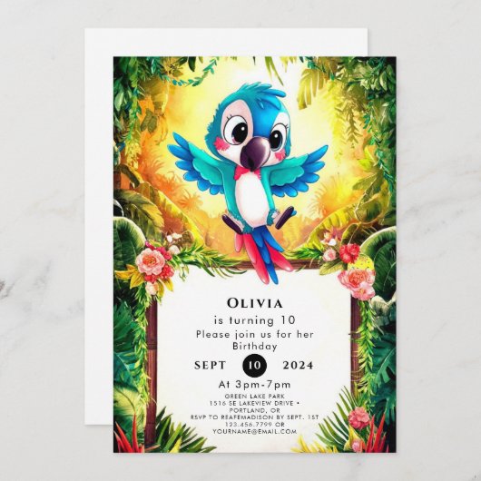 Invitation Jungle Pastel Parrot Anniversaire (Devant / Derrière)