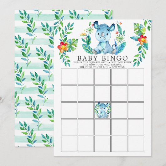 Invitation Jungle Rhino BINGO Baby shower Jeu (Devant / Derrière)