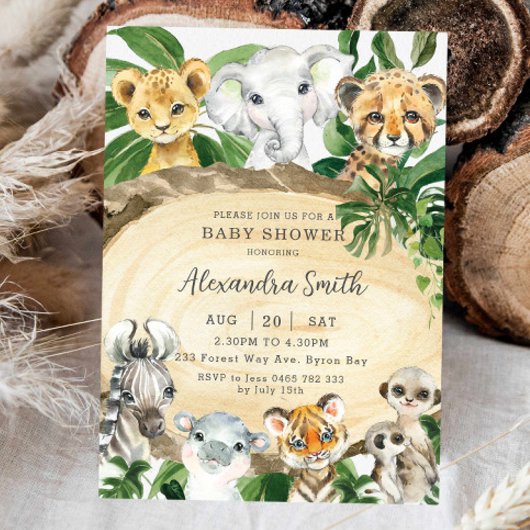 Invitation Jungle rustique Animaux Bois Baby shower de verdur