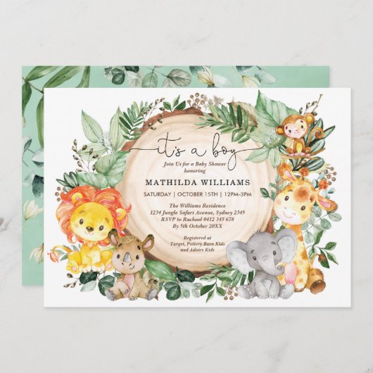 Invitation Jungle rustique Vert Baby shower Animaux sauvages (Devant / Derrière)