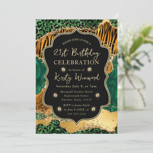 Invitation Jungle Safari Agate Vert & Accents Dorés Anniversa (Debout devant)