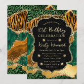 Invitation Jungle Safari Agate Vert & Accents Dorés Anniversa (Devant / Derrière)