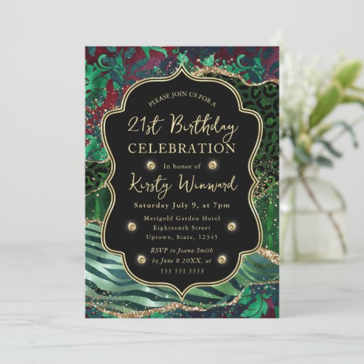 Invitation Jungle Safari Agate Vert et Accents Dorés Annivers (Debout devant)