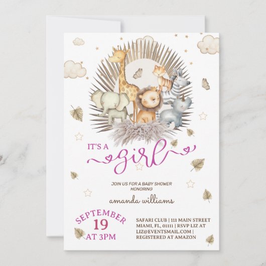 Invitation Jungle Safari animal bébé fille douche (Devant)