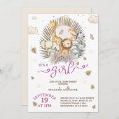 Invitation Jungle Safari animal bébé fille douche (Devant / Derrière)