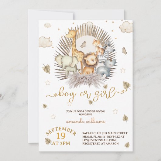 Invitation Jungle Safari Animal Genre Révéler (Devant)