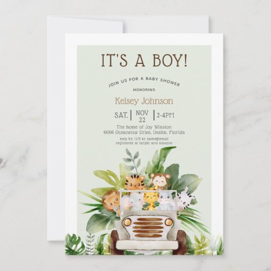 Invitation Jungle Safari Animaux Baby shower garçon (Devant)
