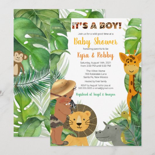 Invitation Jungle Safari Animaux Baby shower garçon (Devant / Derrière)