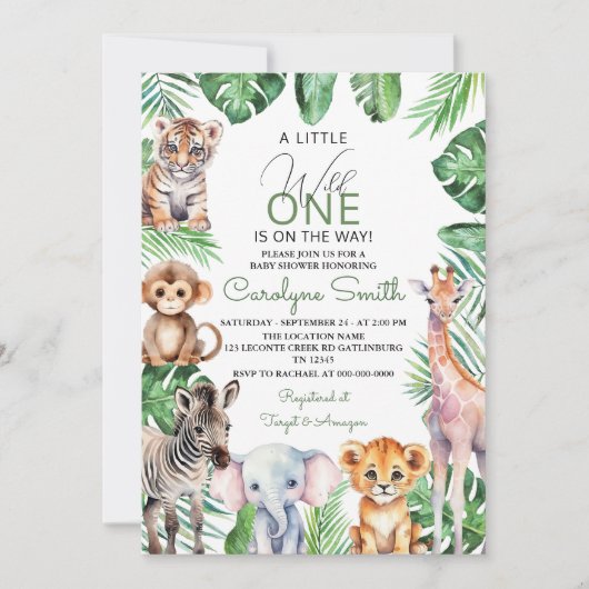 Invitation Jungle Safari Animaux Baby shower verdoyant (Devant)